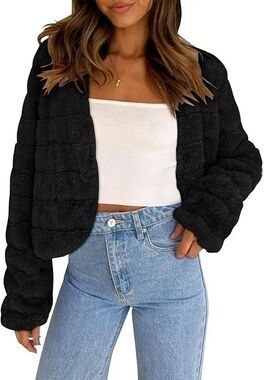 Old Money Black Faux Fur Cropped Jacket Shaggy Fleece Warm Winter Coat